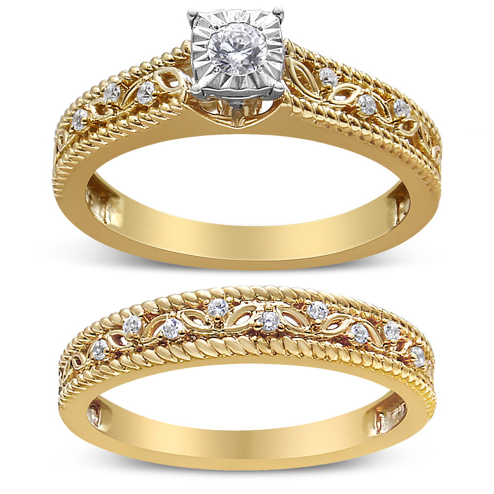 Conjunto de anillo de compromiso y boda de estilo art déco con diamantes de 0,20 quilates en total en plata de ley 925 bañada en oro amarillo de 14 quilates (color I-J, claridad I3) - Talla 7