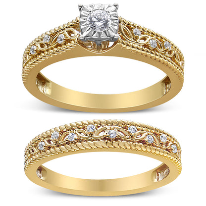 Conjunto de anillo de compromiso y boda de estilo art déco con diamantes de 0,20 quilates en total en plata de ley 925 bañada en oro amarillo de 14 quilates (color I-J, claridad I3) - Talla 7