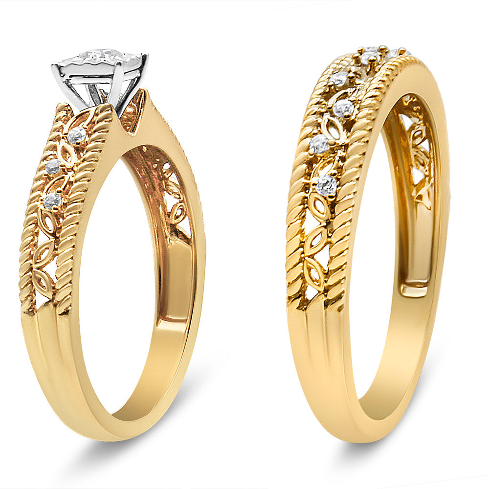Conjunto de anillo de compromiso y boda de estilo art déco con diamantes de 0,20 quilates en total en plata de ley 925 bañada en oro amarillo de 14 quilates (color I-J, claridad I3) - Talla 7