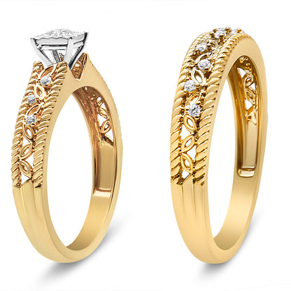 Conjunto de anillo de compromiso y boda de estilo art déco con diamantes de 0,20 quilates en total en plata de ley 925 bañada en oro amarillo de 14 quilates (color I-J, claridad I3) - Talla 7