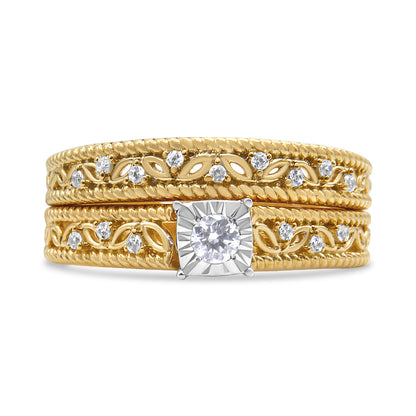 Conjunto de anillo de compromiso y boda de estilo art déco con diamantes de 0,20 quilates en total en plata de ley 925 bañada en oro amarillo de 14 quilates (color I-J, claridad I3) - Talla 7