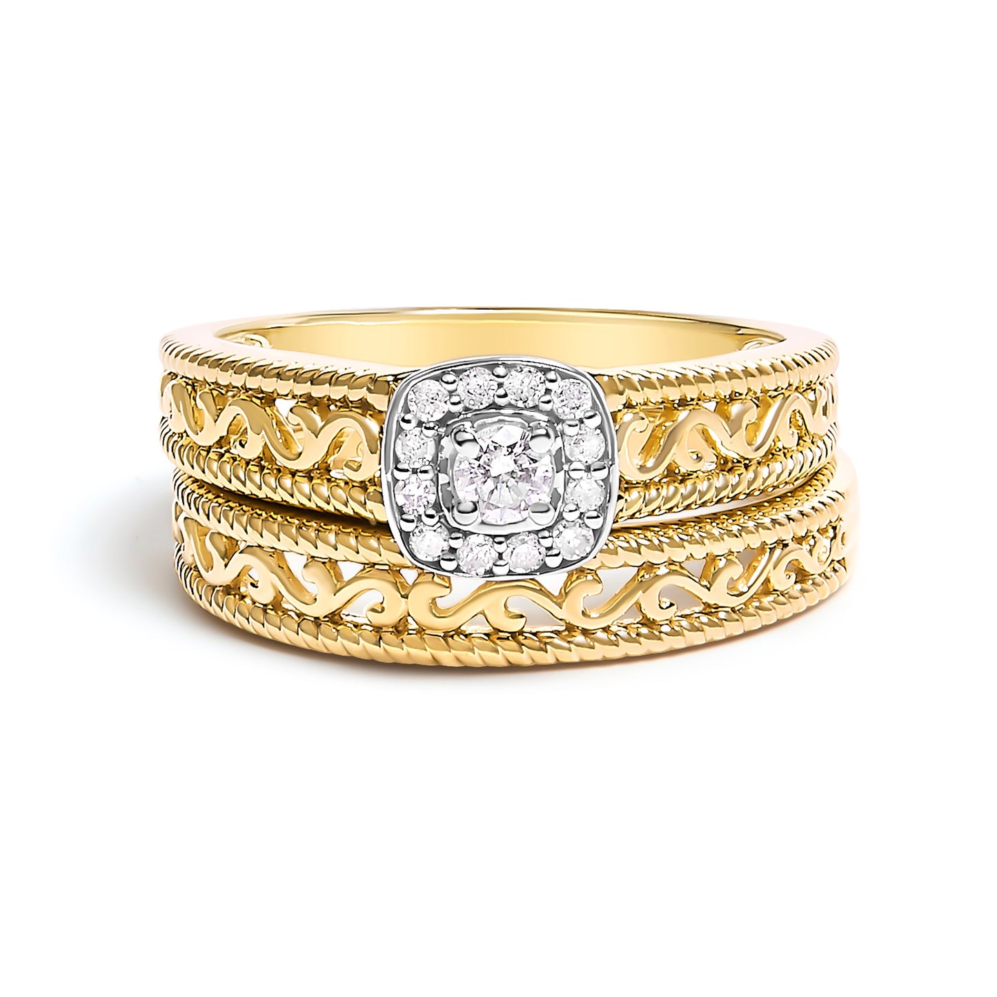 Juego de anillos de compromiso de oro amarillo de 14 quilates con baño de plata esterlina .925, halo de diamante de 1/5 quilates y acabado milgrain (color I-J, claridad I3) - Talla 7