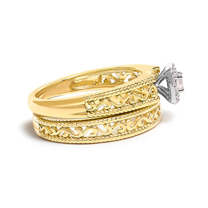 Juego de anillos de compromiso de oro amarillo de 14 quilates con baño de plata esterlina .925, halo de diamante de 1/5 quilates y acabado milgrain (color I-J, claridad I3) - Talla 7