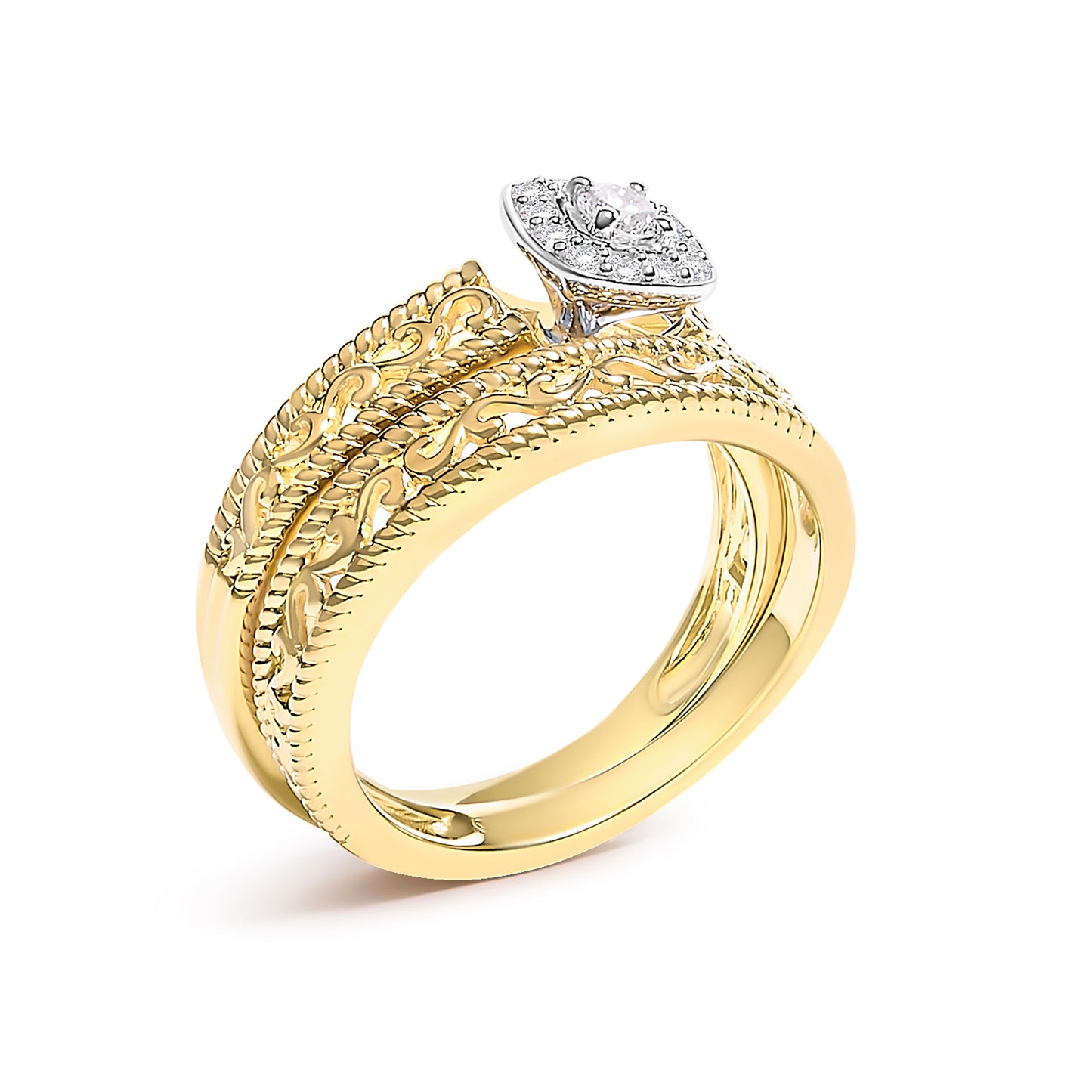 Juego de anillos de compromiso de oro amarillo de 14 quilates con baño de plata esterlina .925, halo de diamante de 1/5 quilates y acabado milgrain (color I-J, claridad I3) - Talla 7