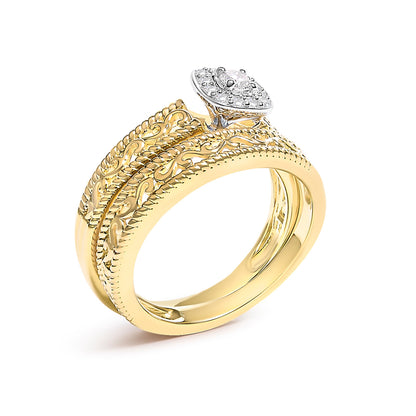 Juego de anillos de compromiso de oro amarillo de 14 quilates con baño de plata esterlina .925, halo de diamante de 1/5 quilates y acabado milgrain (color I-J, claridad I3) - Talla 7