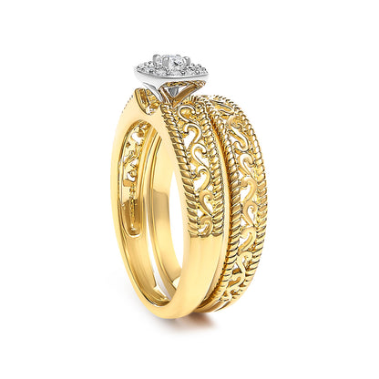 Juego de anillos de compromiso de oro amarillo de 14 quilates con baño de plata esterlina .925, halo de diamante de 1/5 quilates y acabado milgrain (color I-J, claridad I3) - Talla 7