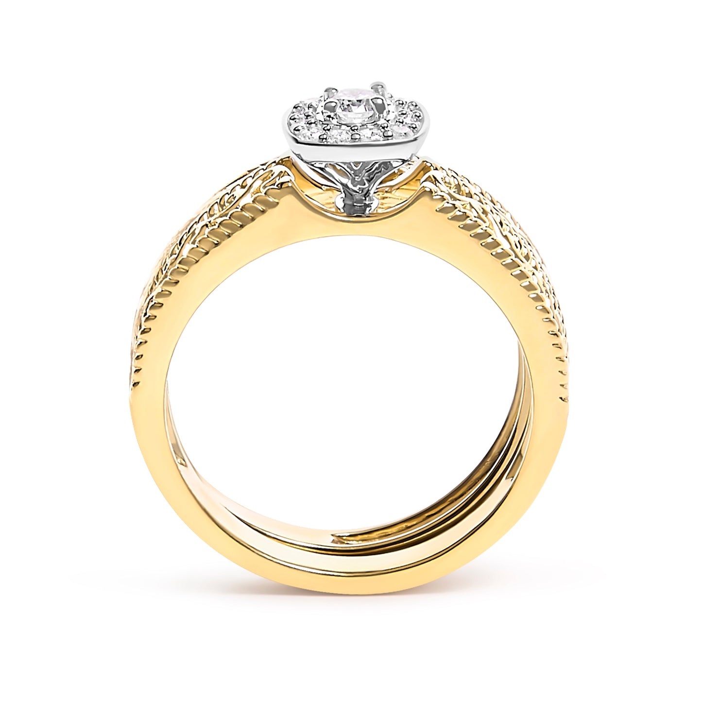 Juego de anillos de compromiso de oro amarillo de 14 quilates con baño de plata esterlina .925, halo de diamante de 1/5 quilates y acabado milgrain (color I-J, claridad I3) - Talla 7