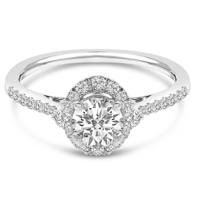 Anillo de compromiso con halo ovalado de oro blanco de 14K con diamante cultivado en laboratorio de 1.00 quilates (color F-G, claridad VS1-VS2) - Talla 7