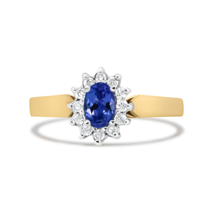 Anillo de Halo de Oro Amarillo de 14K con Diamantes Redondos de 1/5 Cttw y Tanzanita Azul Ovalada de 6x4mm (Color H-I, Claridad I1-I2) - Talla 7.75