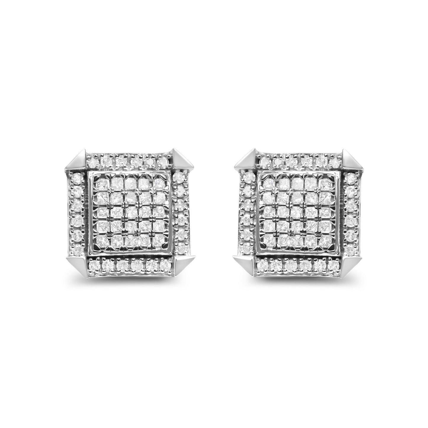 Pendientes de oro blanco de 10 qt con diamantes de 1,0 Cttw combinados con halo (color H-I, claridad I1-I2)