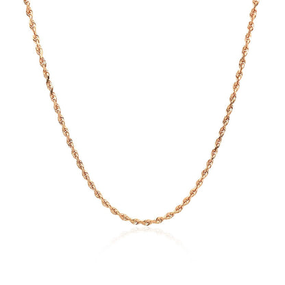 Cadena de cuerda sólida de oro rosa de 14k con corte de diamante de 1.5mm