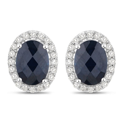 Pendientes de oro blanco de 14 quilates con zafiro azul auténtico de 2,16 quilates y diamantes blancos