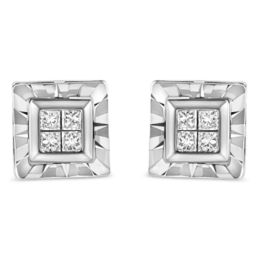 Pendientes de plata de ley .925 con 1/6 quilates de diamantes invisibles con corte de princesa y montura de cuatro (Color H-I, Claridad I1-I2)