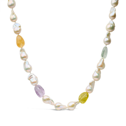 Collar de hilo de 18 pulgadas de citrino, amatista y perla barroca en oro amarillo de 14 quilates