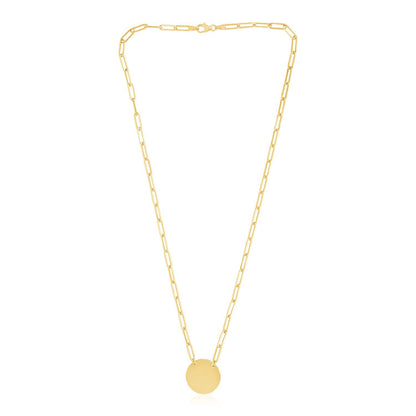 Collar de eslabones de clip de oro amarillo de 14k con disco circular de alto brillo