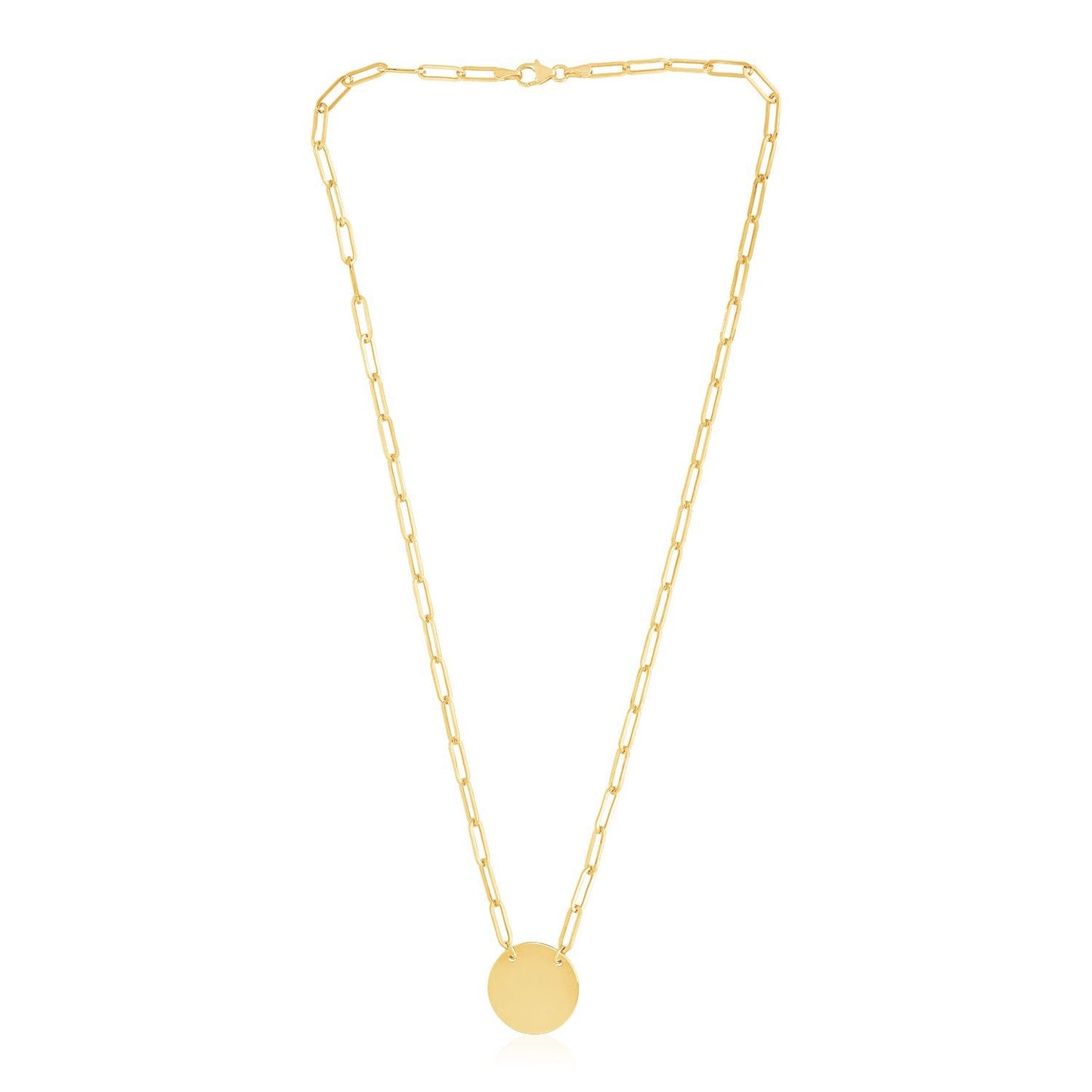 Collar de eslabones de clip de oro amarillo de 14k con disco circular de alto brillo
