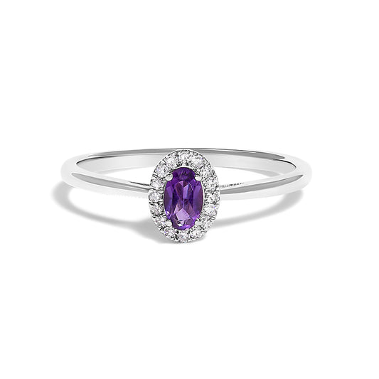 Anillo de Oro Blanco de 10K con Amatista Morada Ovalada de 5X3MM y Diamantes (Color I-J, Claridad I1-I2) - Talla 6.5