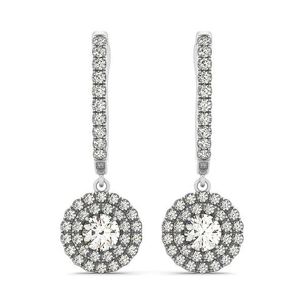Pendientes colgantes de diamantes redondos de doble halo de oro blanco de 14 quilates (1 quilate total)