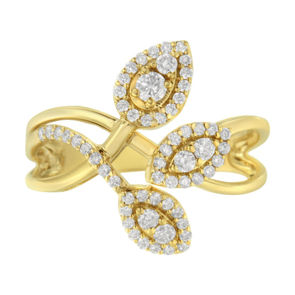 Anillo con tres hojas superpuestas de oro amarillo de 10 qt con diamantes de talla redonda de 1/2 quilate (color I-J, claridad I1-I2) - Talla 7