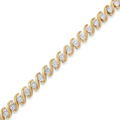 Pulsera de tenis de oro amarillo de 14 quilates chapado en plata de ley .925 con diamantes redondos de 1/2 quilate engarzados en milagro, en forma de S (color I-J, claridad I3) - 7"