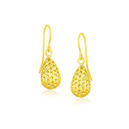 Pendientes colgantes de oro amarillo de 14 quilates en forma de lágrima con textura de panal