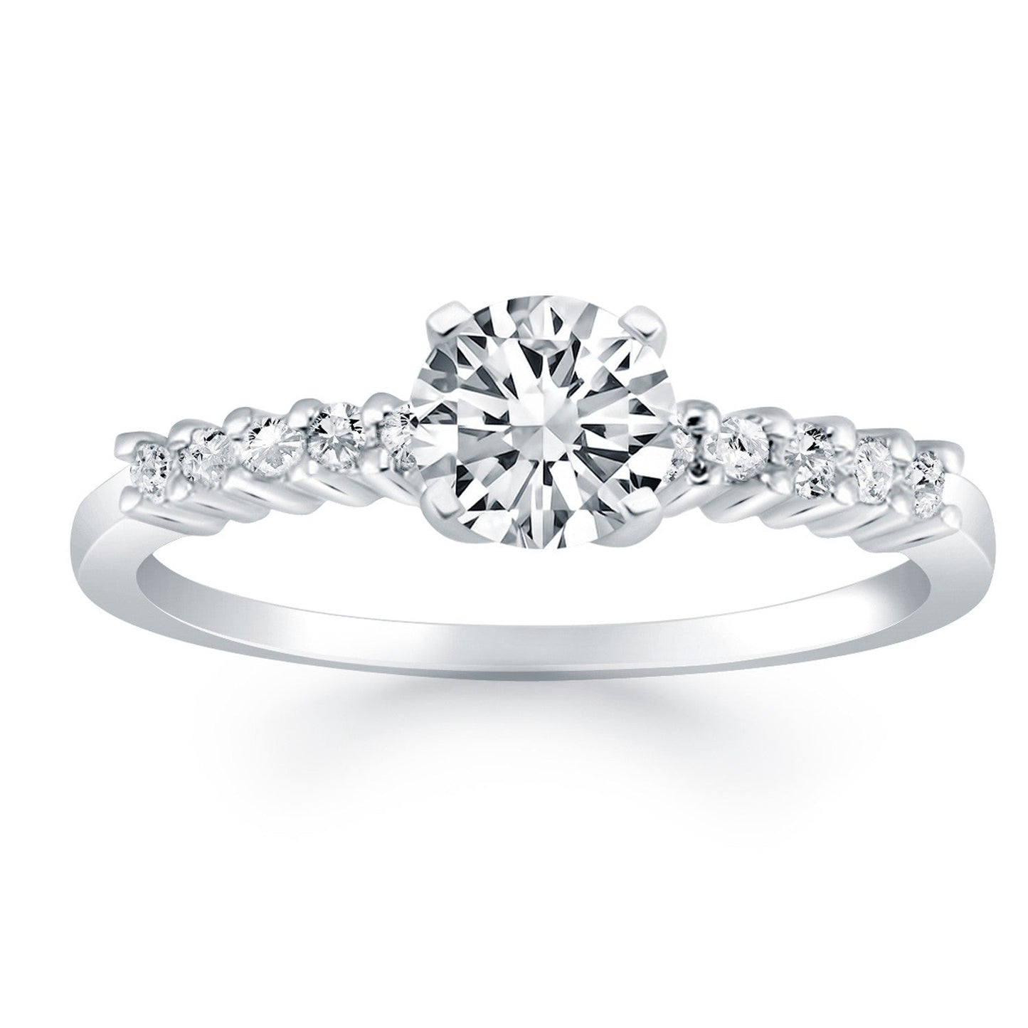Anillo de compromiso de oro blanco de 14k con diamantes de acento de garra compartida