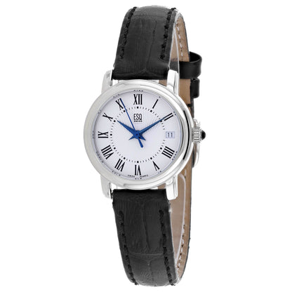 ESQ Reloj de cuarzo de acero inoxidable plateado con correa de piel negra para mujer