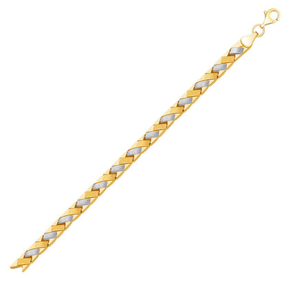 Pulsera de oro bicolor de 14k con diseño de fantasía entrelazado y acabado en contraste