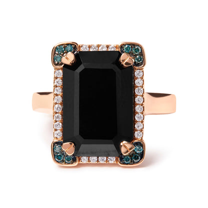 Anillo de cóctel de oro rosa de 14 quilates con ónix negro talla esmeralda de 15x10 mm y halo de diamantes azules y blancos de 1/5 quilates (color G-H, claridad SI1-SI2) - Talla 7