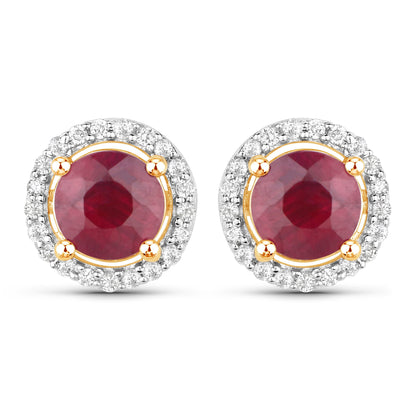 Pendientes de oro amarillo de 14 quilates con rubí auténtico de 1,22 quilates y diamantes blancos