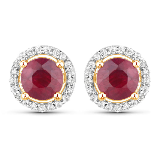 Pendientes de oro amarillo de 14 quilates con rubí auténtico de 1,22 quilates y diamantes blancos