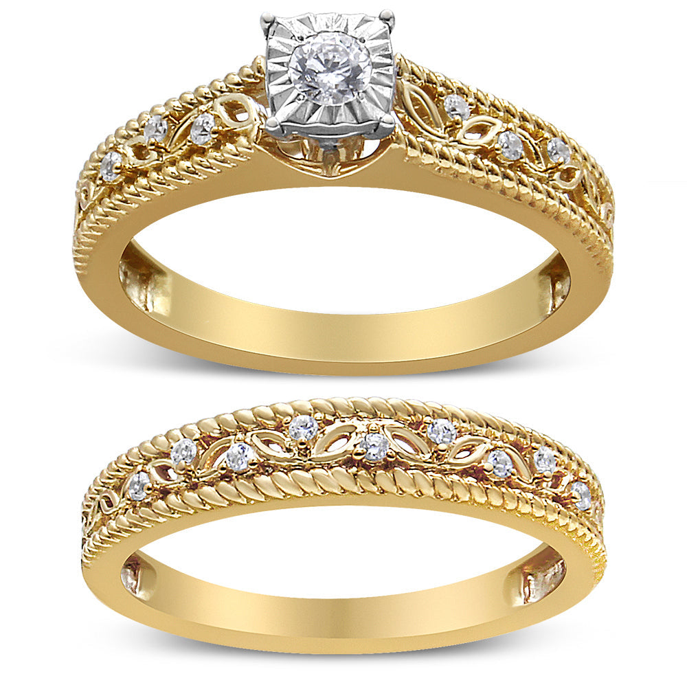 Conjunto de anillo de compromiso y boda de estilo art déco con diamantes de 0,20 quilates en total en plata de ley 925 bañada en oro amarillo de 14 quilates (color I-J, claridad I3) - Talla 7