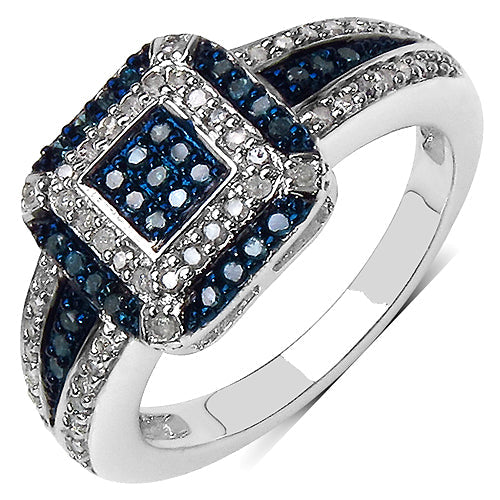 Anillo de plata de ley .925 con diamante azul genuino de 0,50 quilates y diamante blanco