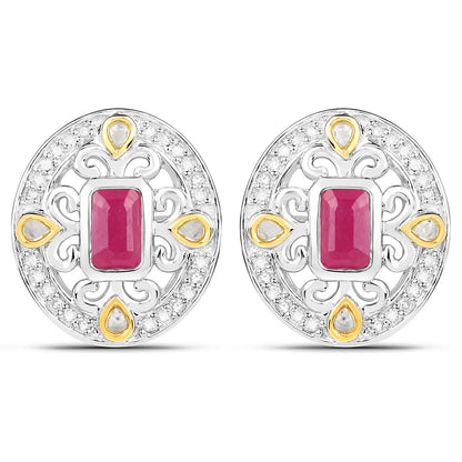 Pendientes de plata de ley .925 con rubí auténtico de 0.77 quilates y diamantes blancos