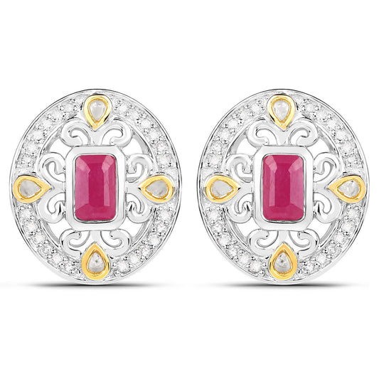 Pendientes de plata de ley .925 con rubí auténtico de 0.77 quilates y diamantes blancos