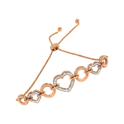 Pulsera ajustable tipo bolo con eslabones de corazón y diamantes redondos de 1/10 Cttw de oro rosa de 10K sobre plata de ley .925 (color H-I, claridad I2-I3) - 6"-9" ajustable