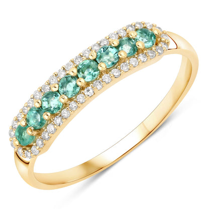 Anillo de oro amarillo de 14 quilates con esmeralda zambiana auténtica de 0,35 quilates y diamantes blancos
