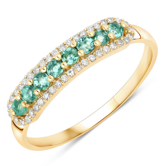 Anillo de oro amarillo de 14 quilates con esmeralda zambiana auténtica de 0,35 quilates y diamantes blancos
