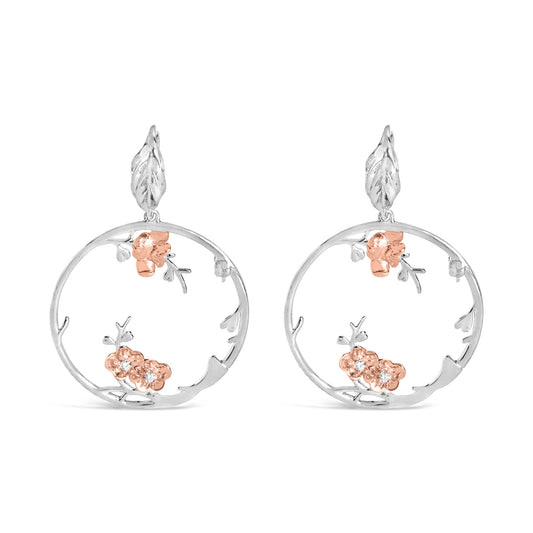 Pendientes de aro florales de plata de ley .925 bañados en oro rosa con 1/10 Cttw de diamantes (color I-J, claridad SI1-SI2)