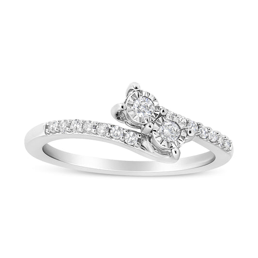 Anillo de dos piedras de oro blanco de 10K con diamante de talla redonda en engaste milagro de 1/4 Cttw (color H-I, claridad I2) - Talla 7