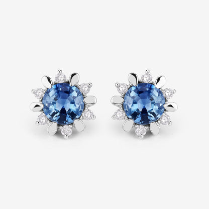 Pendientes de oro blanco de 14 quilates con zafiro azul auténtico de 1,87 quilates y diamantes blancos