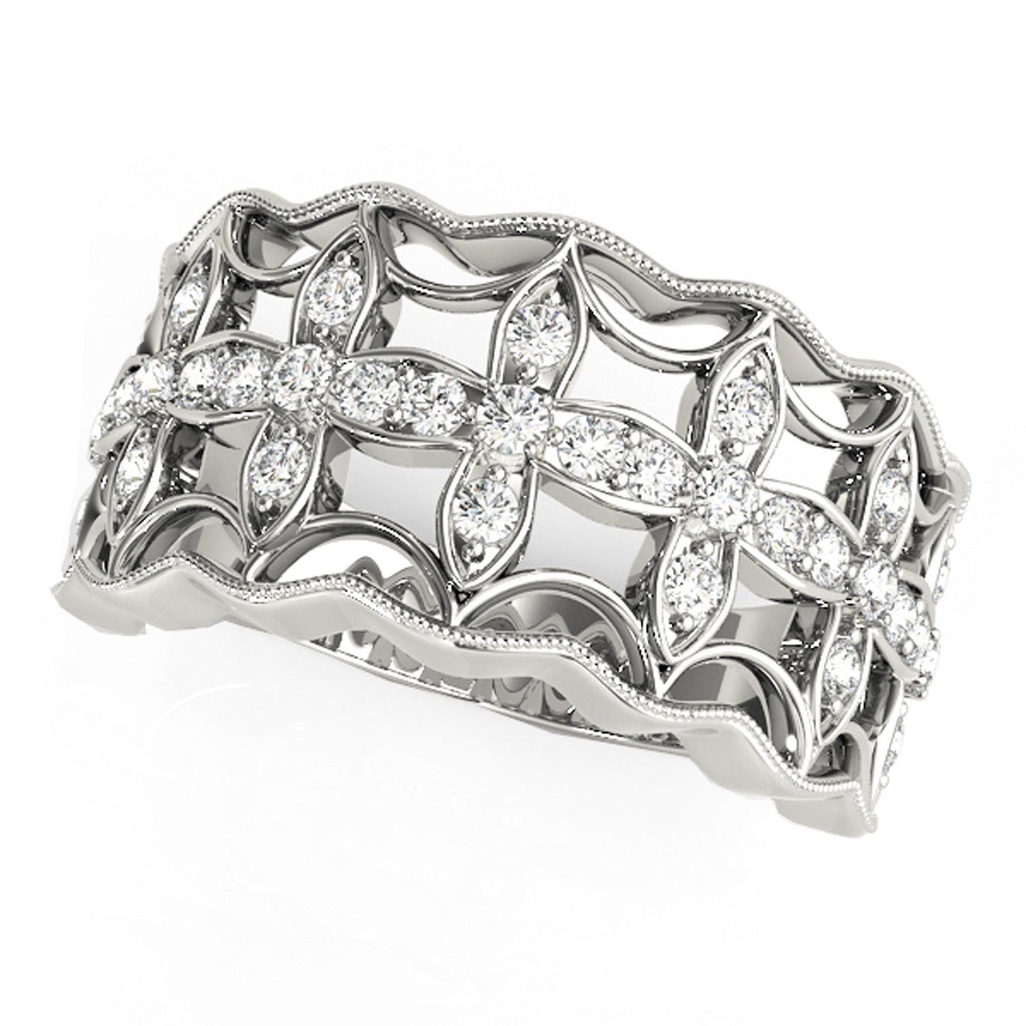 Anillo con motivo de trébol de cuatro hojas con diamantes en oro blanco de 14k (1/4 cttw)
