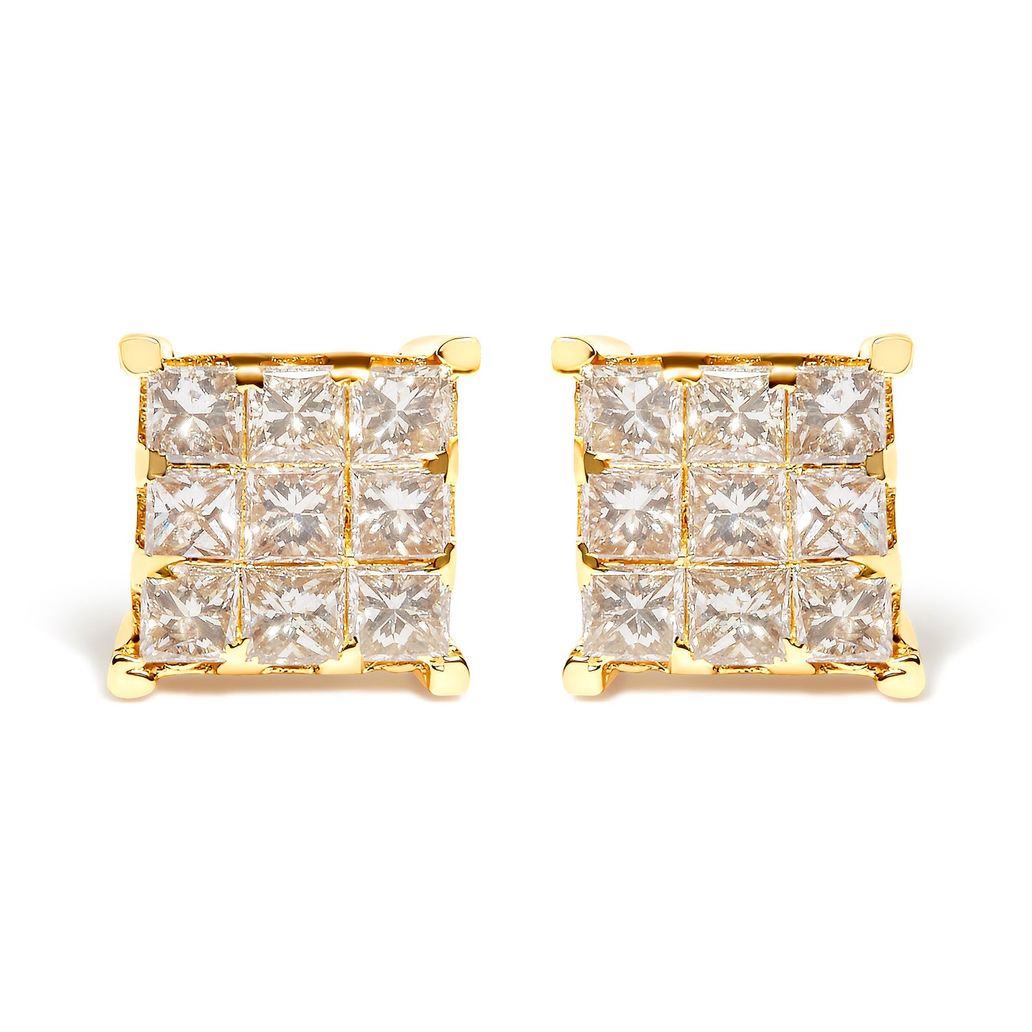 Pendientes de botón cuadrados de 9 piedras de oro amarillo de 14 quilates con diamantes talla princesa de 1 1/2 quilates en engaste invisible (color J-K, claridad SI2-I1)
