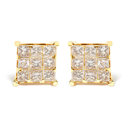 Pendientes de botón cuadrados de 9 piedras de oro amarillo de 14 quilates con diamantes talla princesa de 1 1/2 quilates en engaste invisible (color J-K, claridad SI2-I1)