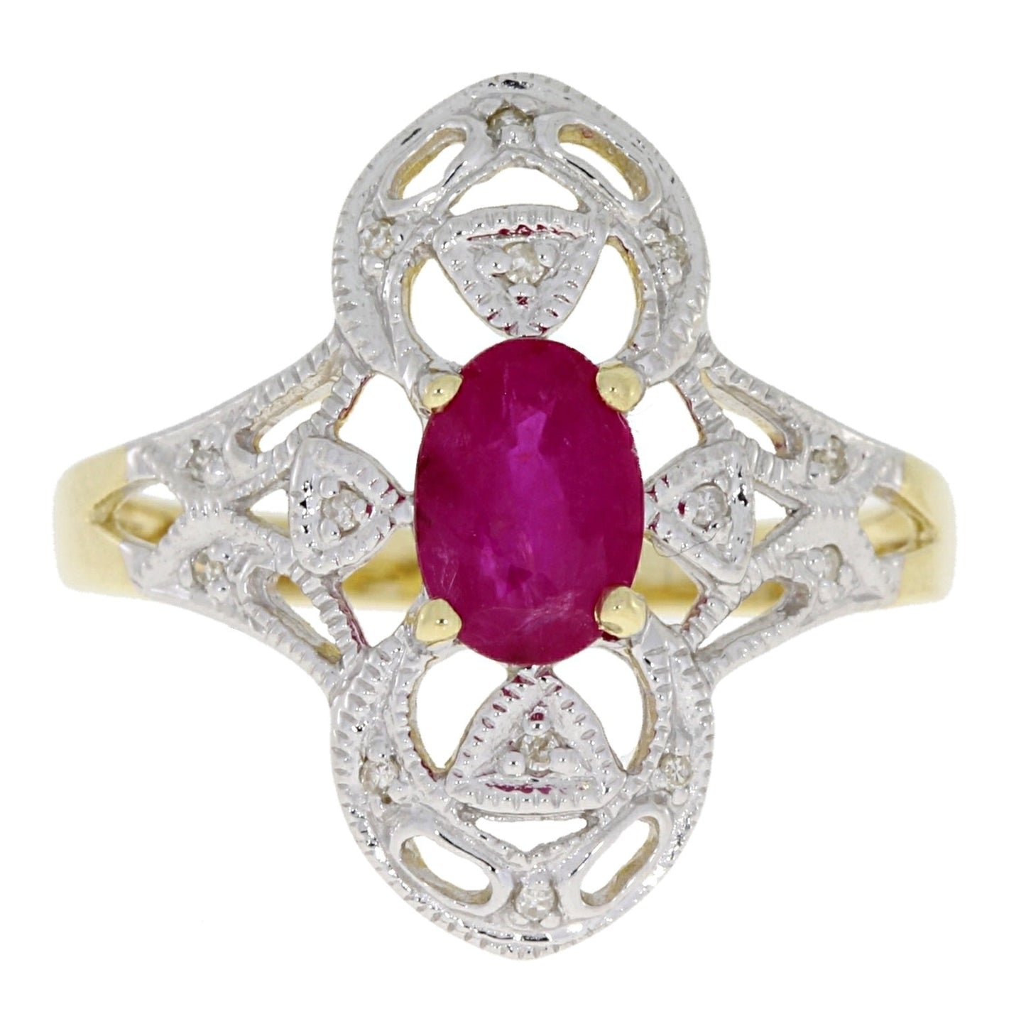 Anillo de oro amarillo de 10 KT con diamante y rubí de 1,05 qt