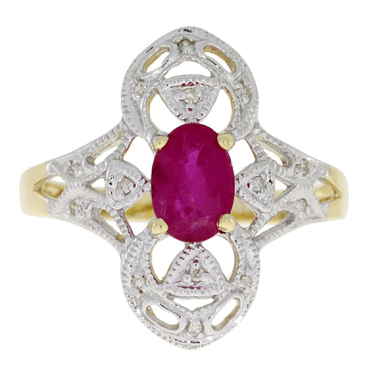 Anillo de oro amarillo de 10 KT con diamante y rubí de 1,05 qt