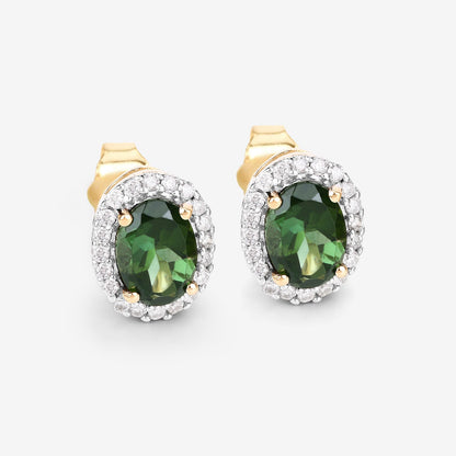 Aretes de oro amarillo de 14 quilates con turmalina verde auténtica de 1,92 quilates y diamantes blancos
