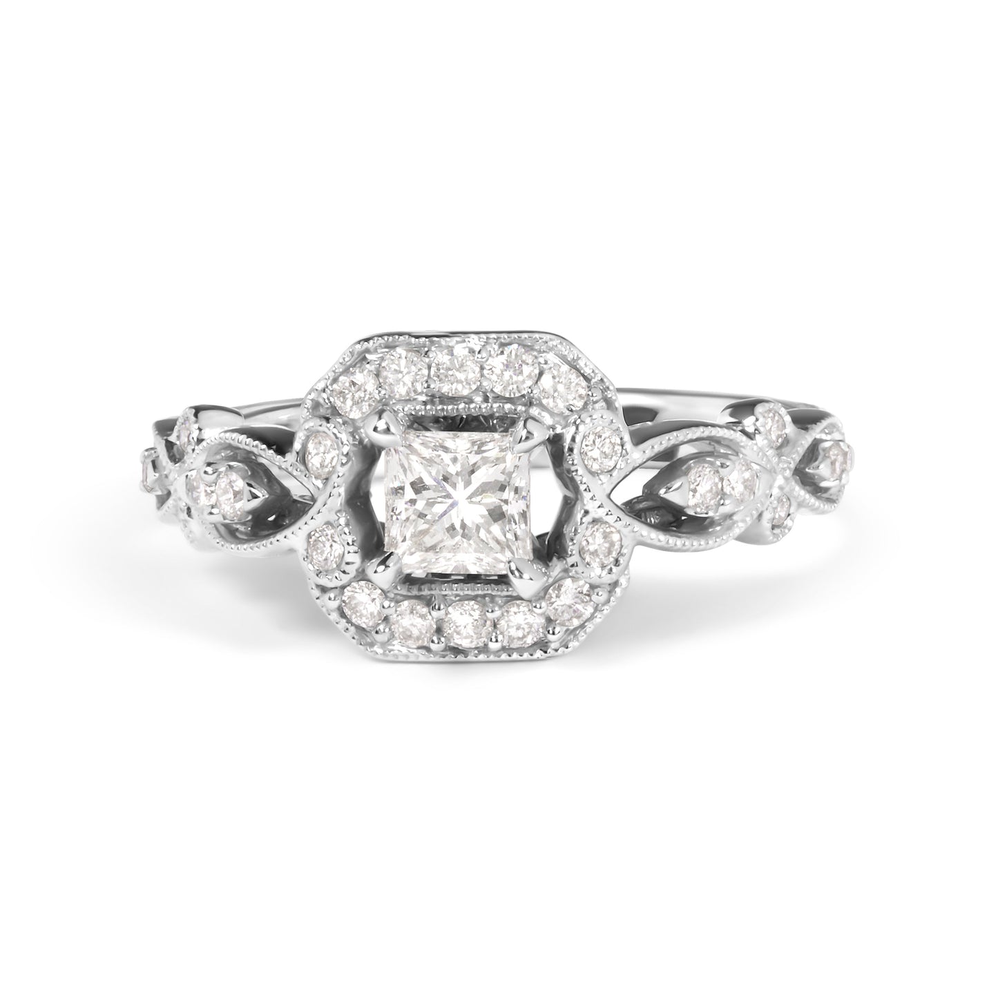 Anillo de compromiso de oro blanco de 14 quilates con diamantes de 3/4 Cttw, estilo halo y vástago tejido (color G-H, claridad VS2-SI1) - Talla 7