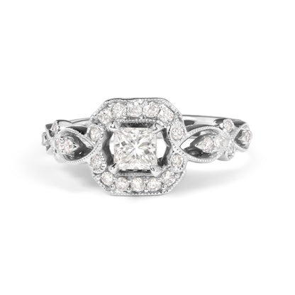 Anillo de compromiso de oro blanco de 14 quilates con diamantes de 3/4 Cttw, estilo halo y vástago tejido (color G-H, claridad VS2-SI1) - Talla 7