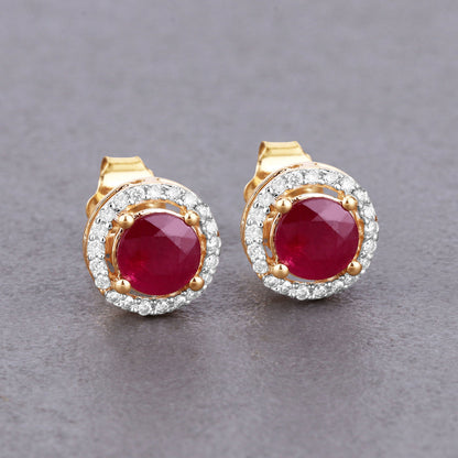 Pendientes de oro amarillo de 14 quilates con rubí auténtico de 1,22 quilates y diamantes blancos